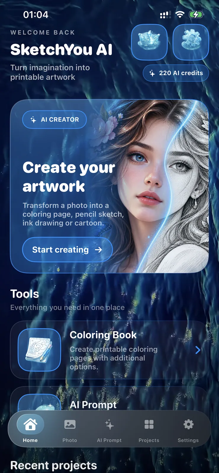 SketchYouAI app home screen